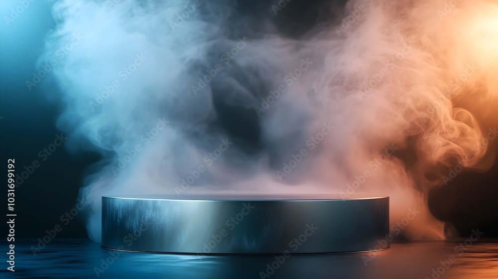 Sleek Metallic Podium with Dramatic Smoke and Lighting for High Energy Product Display Concept Sleek Metallic Podium with Dramatic Smoke and Lighting for High Energy Product Display Concept