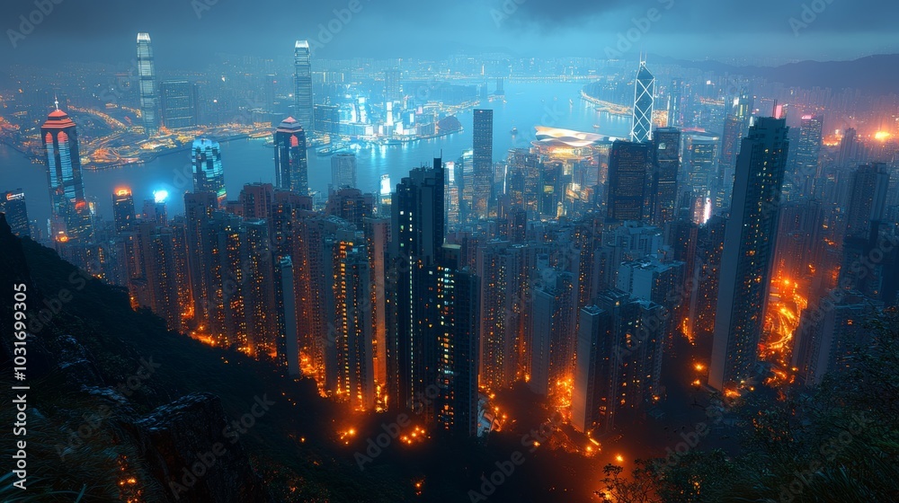 Fototapeta premium Hong Kong Skyline Night View Cityscape Skyscrapers Lights Urban Architecture