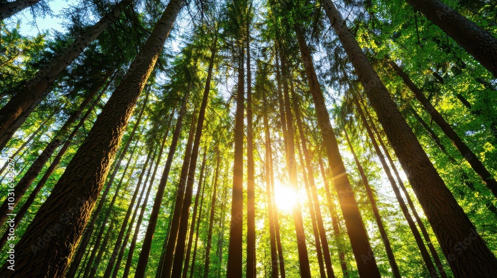 Sunlit forest with a spacious clearing above the treetops, perfect for adding your text or message. Sunlit forest with a spacious clearing above the treetops, perfect for adding your text or message.