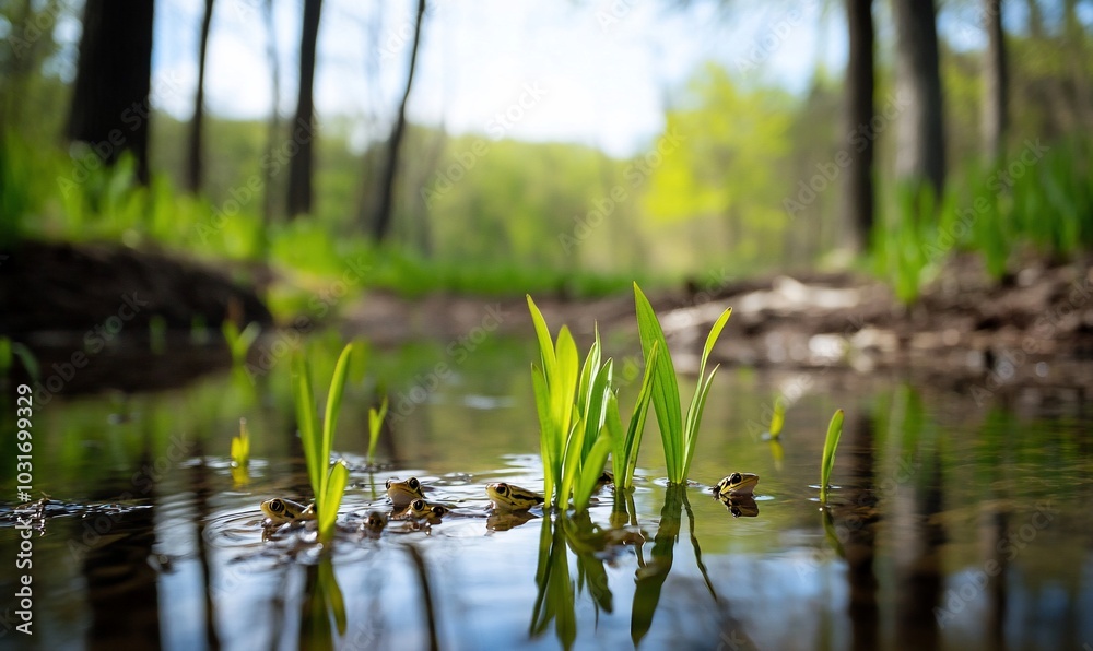A serene water scene with green grass emerging from the surface. A serene water scene with green grass emerging from the surface.