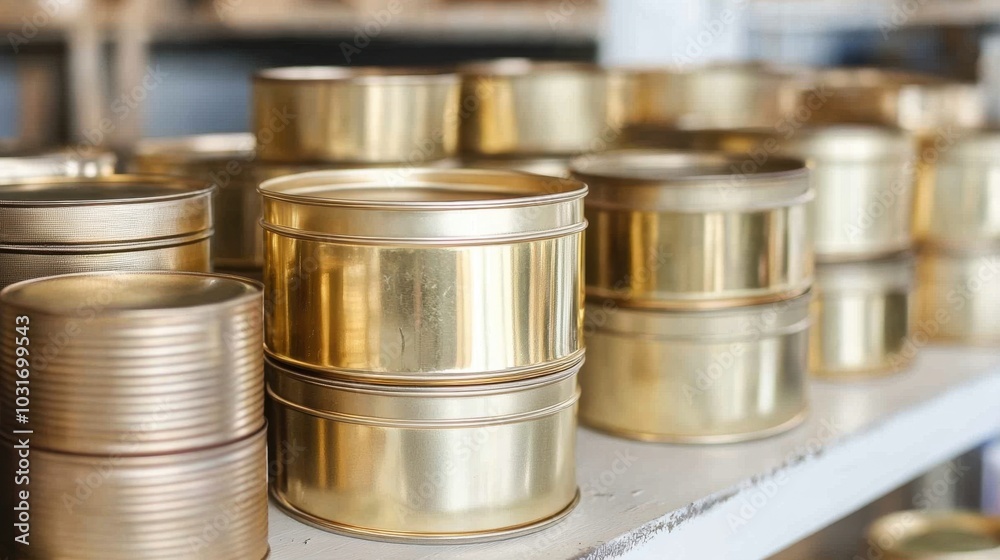 Stacked Golden Tin Cans on Shelves in Store Stacked Golden Tin Cans on Shelves in Store