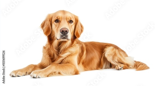 A golden retriever lying down, showcasing its friendly demeanor and beautiful coat.