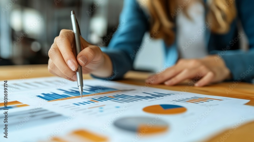 Businesswoman Analyzing Financial Charts and Data with Pen Businesswoman Analyzing Financial Charts and Data with Pen