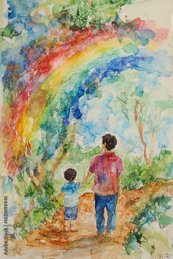 Fototapeta premium A watercolor painting of a man and child under a vibrant rainbow in a lush, natural setting.