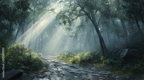 A serene forest scene with sunlight filtering through trees, creating a tranquil atmosphere.