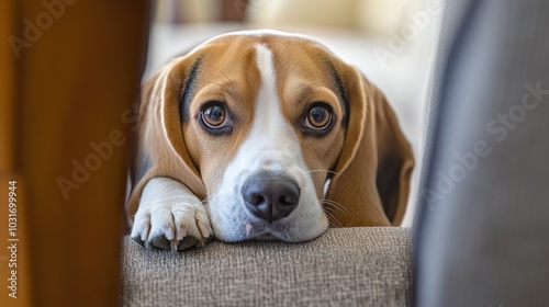 A beagle resting its head on a couch, looking curiously at the viewer.