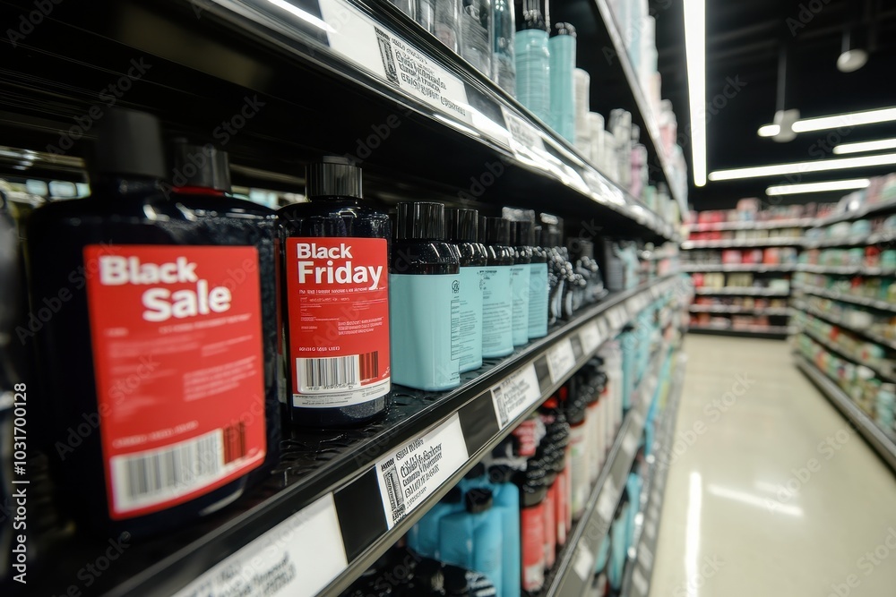 Discount Labels on Shelves: Store shelves lined with products, each marked with red and black Discount Labels on Shelves: Store shelves lined with products, each marked with red and black