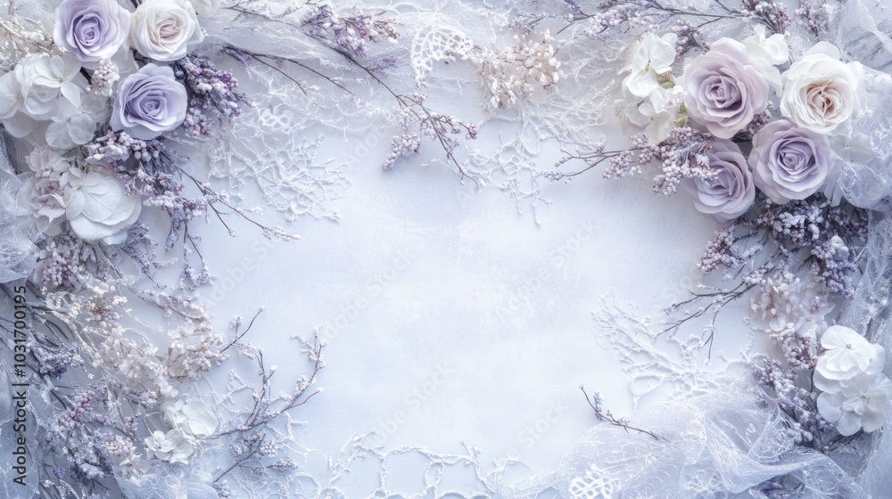 A decorative floral arrangement with lace, creating an elegant background for invitations or cards. A decorative floral arrangement with lace, creating an elegant background for invitations or cards.