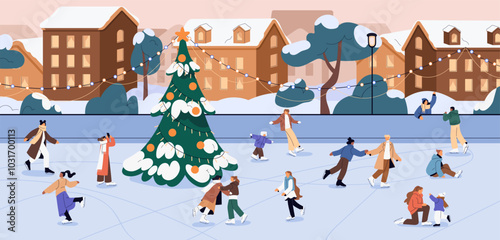 People skate around Christmas tree with garland on city square. Happy families with kids, couples, friends have fun on ice rink at Xmas, New Year. Outdoor winter activity. Flat vector illustration