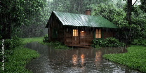 Cozy Cabin in the Rain Forest Creek Nature Photography Rainy Weather