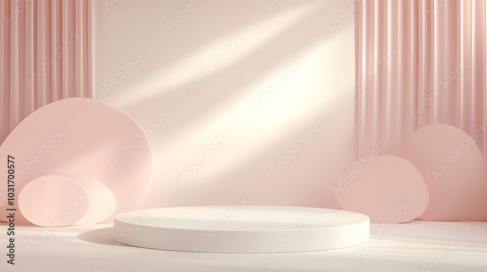 Sleek White Podium with Pastel Gradient Background and Floating Geometric Shapes for Product Display Concept Sleek White Podium with Pastel Gradient Background and Floating Geometric Shapes for Product Display Concept