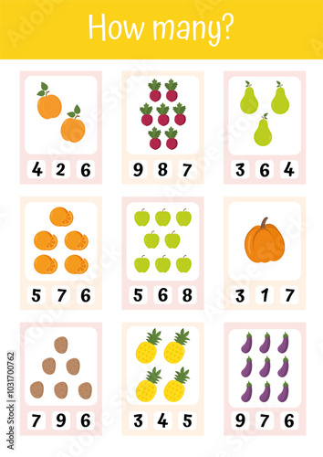 Math worksheet for preschool. Counting 1-10 kids. Mathematic activities for schooling, early education. Counting educational logical game. Kid lessons, preschool kindergarten activity for kids.