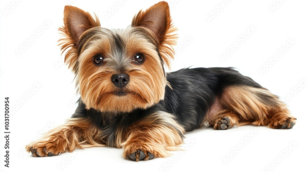 A small, fluffy dog lying down with a shiny coat and alert expression. A small, fluffy dog lying down with a shiny coat and alert expression.