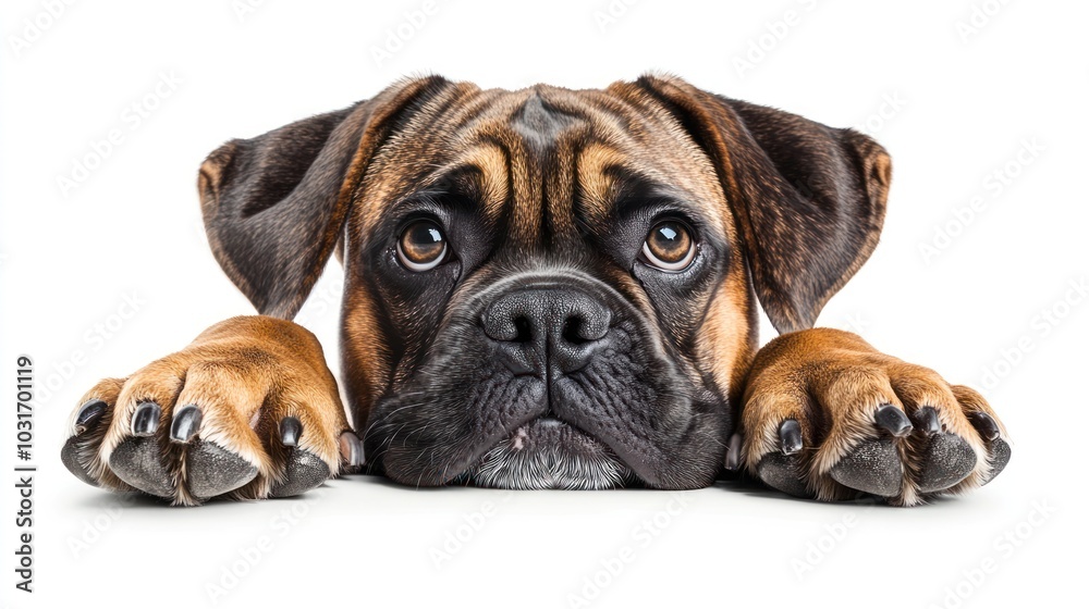 A sad-looking dog resting its head on its paws, conveying a sense of longing.