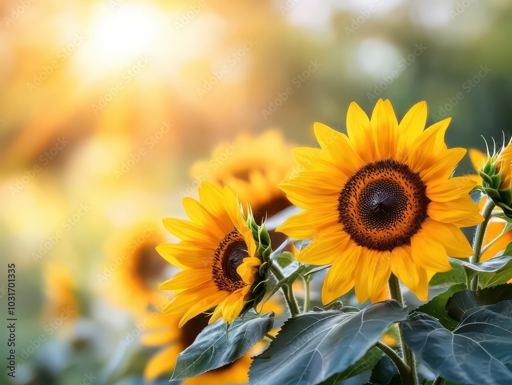 Fototapeta premium A field of sunflowers basking in warm sunlight, symbolizing joy, positivity, and the beauty of nature.