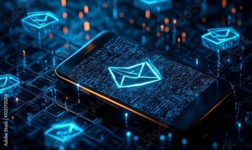 Mobile Email Security, A futuristic depiction of a mobile device surrounded by a force field of protective shields, representing secure email communication on mobile, Generative AI photo