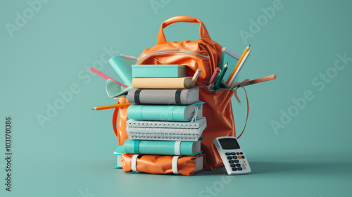 vibrant orange backpack overflowing with notebooks, pencils, and calculator, symbolizing excitement of learning and preparation for school