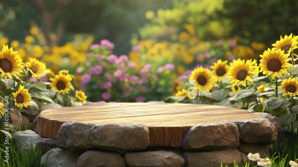 A serene garden scene featuring a stone platform surrounded by vibrant flowers. A serene garden scene featuring a stone platform surrounded by vibrant flowers.