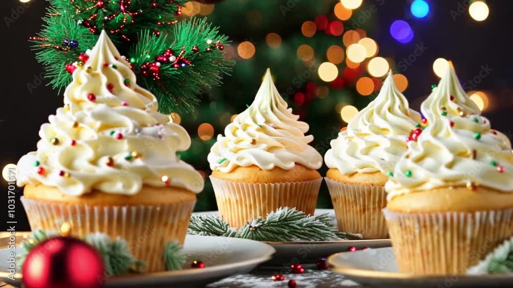 Christmas tree shaped cupcakes on the background of Christmas golden bokeh.Christmas holiday food Christmas tree shaped cupcakes on the background of Christmas golden bokeh.Christmas holiday food