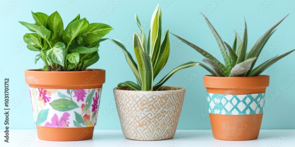 Fototapeta premium Vibrant Potted Indoor Plants on Pastel Blue Background