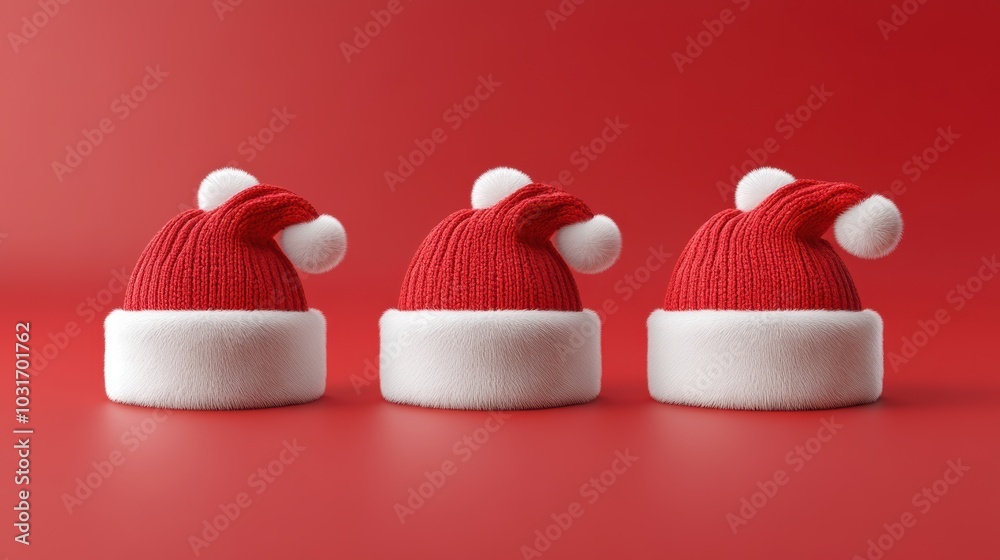 A row of three festive Santa hats with fluffy white brims and pom-poms against a vibrant red background. A row of three festive Santa hats with fluffy white brims and pom-poms against a vibrant red background.
