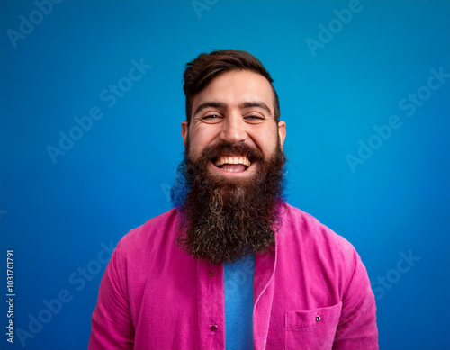 Headshot Portrait of a Smiling Man with Contemporary Style, Isolated on Color Background with Ample Copy Space