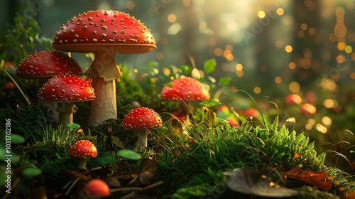 Enchanting Red Mushrooms in a Sunlit Forest