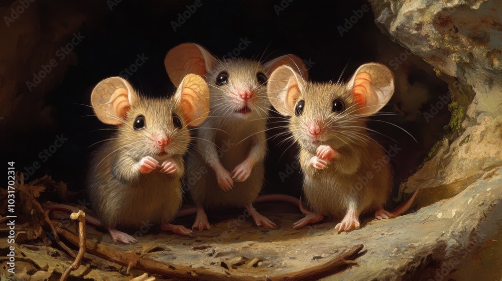 Trio of Cute Mice in a Natural Cave Setting Trio of Cute Mice in a Natural Cave Setting