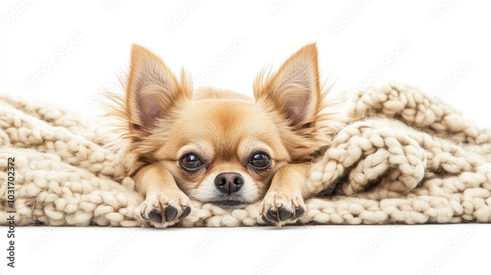 A cute Chihuahua resting on a cozy blanket, showcasing its playful yet relaxed demeanor. A cute Chihuahua resting on a cozy blanket, showcasing its playful yet relaxed demeanor.