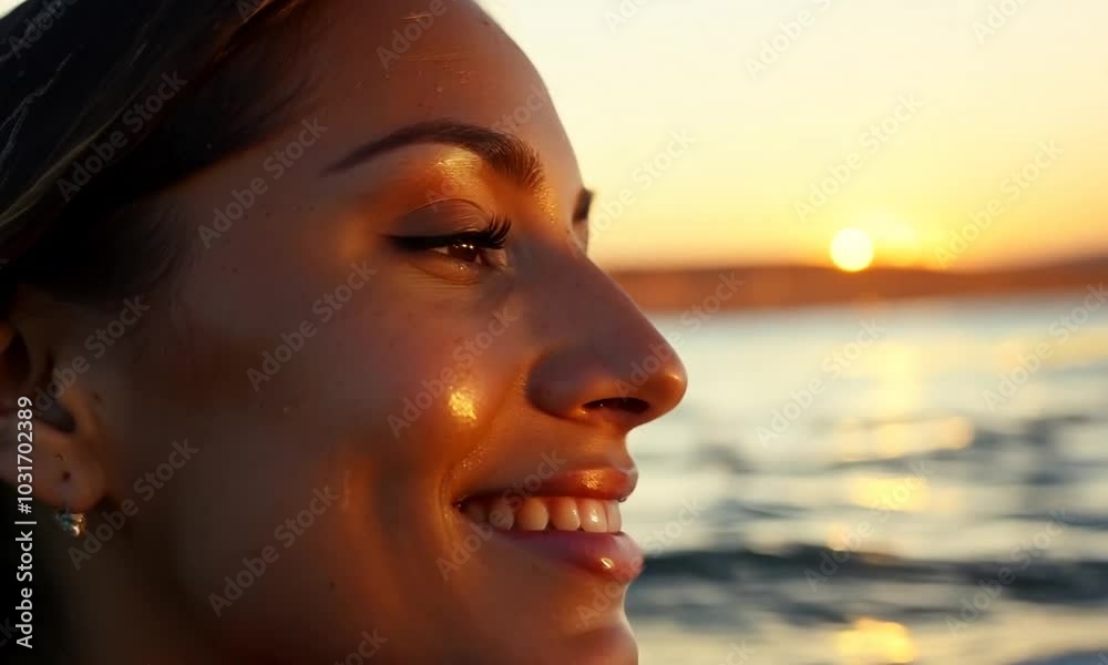 Close-up of a woman's smiling face at sunset. Close-up of a woman's smiling face at sunset.