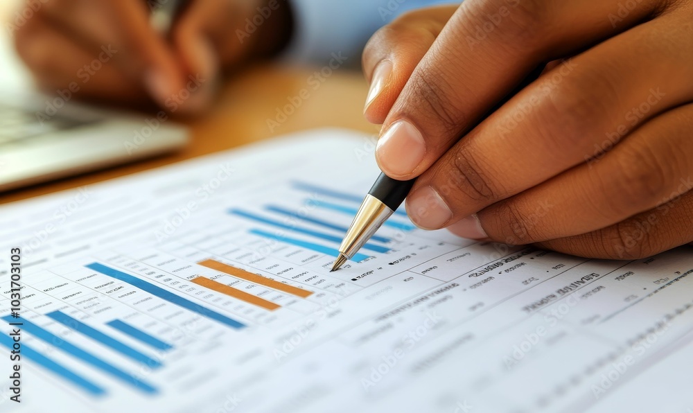 Hand analyzing financial data with a pen. Hand analyzing financial data with a pen.