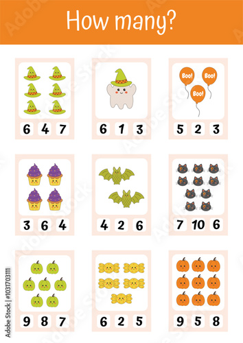 Worksheet for preschool kids. Halloween educational activities. Preschool math. Learning counting for kids, elementary math educational games. Halloween teacher resources. Preschool homeschool.