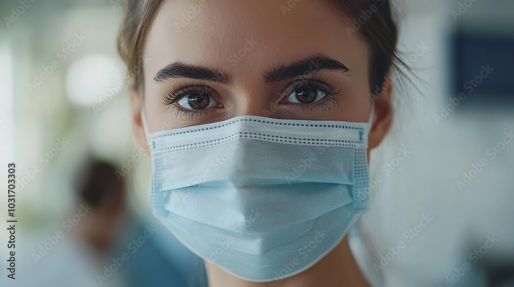 Focused healthcare worker with surgical mask and cap in hospital setting. Focused healthcare worker with surgical mask and cap in hospital setting.