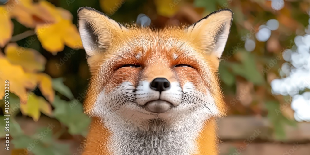 Obraz premium Cute Red Fox Portrait with Happy Expression and Blurry Autumn Background