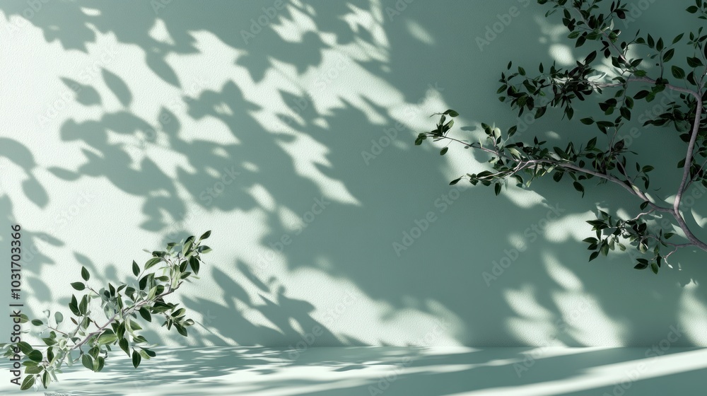 A serene composition of leafy branches casting shadows on a light green wall. A serene composition of leafy branches casting shadows on a light green wall.
