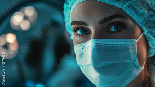 Surgeon in operating room wearing protective face mask during medical procedure.