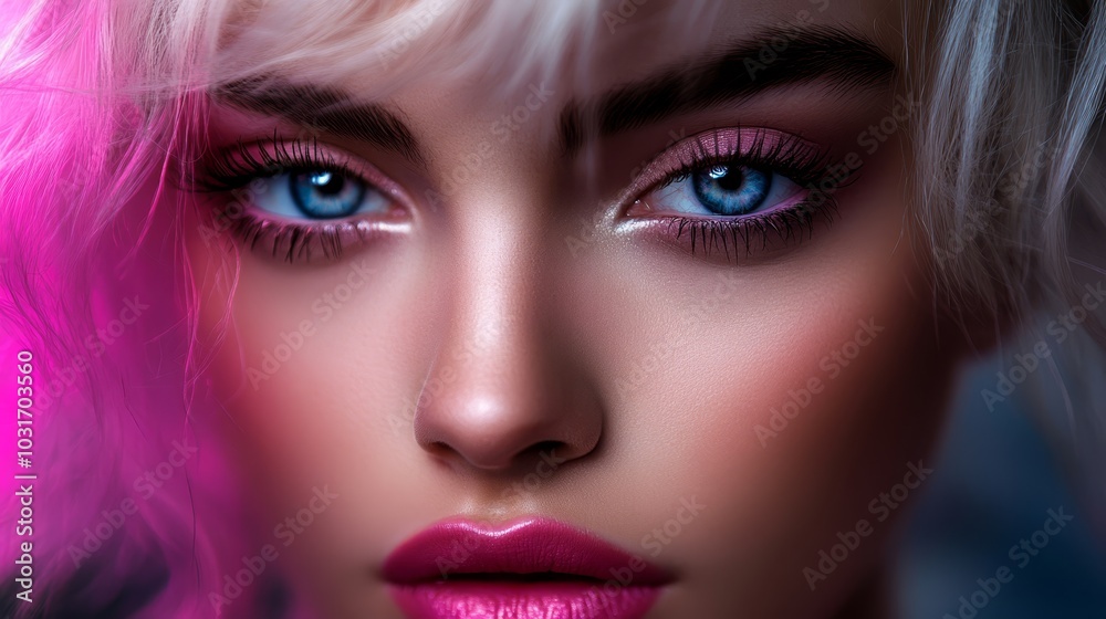 vibrant pink hair framing her, blue eyes sparkling, pink and white strands cascading down vibrant pink hair framing her, blue eyes sparkling, pink and white strands cascading down