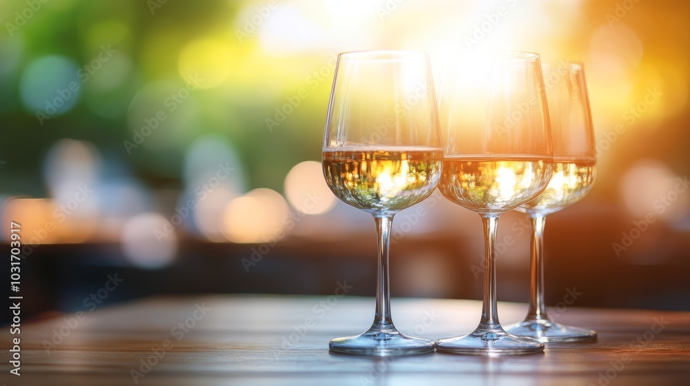 Three Glasses of White Wine on Wooden Table with Sunlight Bokeh Background Three Glasses of White Wine on Wooden Table with Sunlight Bokeh Background
