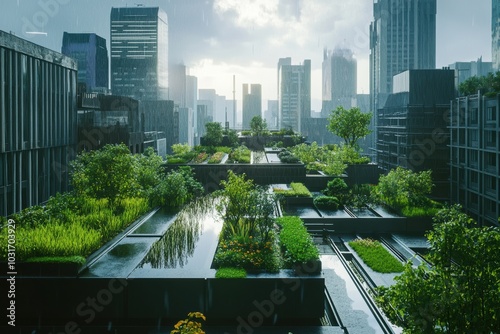 An eco-friendly city scene where rainwater is being harvested through modern systems on rooftops photo