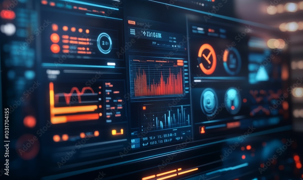 A futuristic digital interface with graphs and data. A futuristic digital interface with graphs and data.