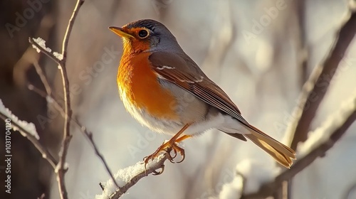 A vibrant bird perched on a snowy branch, showcasing nature's beauty in winter.