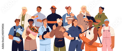 Diverse professions group portrait. People with different professional occupation stand together. Workers of various job: doctor, police, firefighter, miner. Flat isolated vector illustration on white
