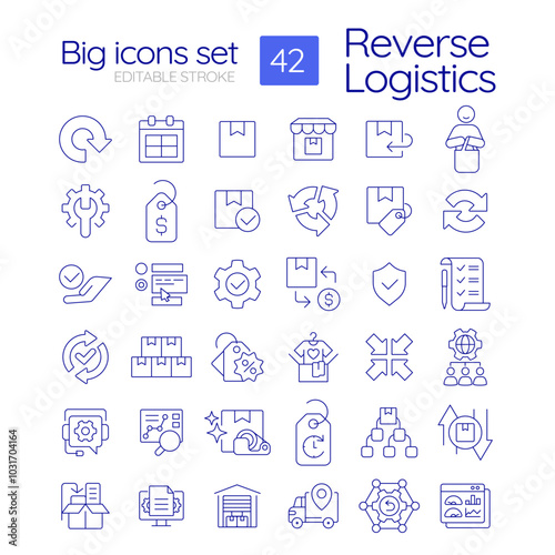 Reverse logistics linear icons set. Return product. Reselling and repair. Supply chain. Customer service. Customizable thin line symbols. Isolated vector outline illustrations. Editable stroke