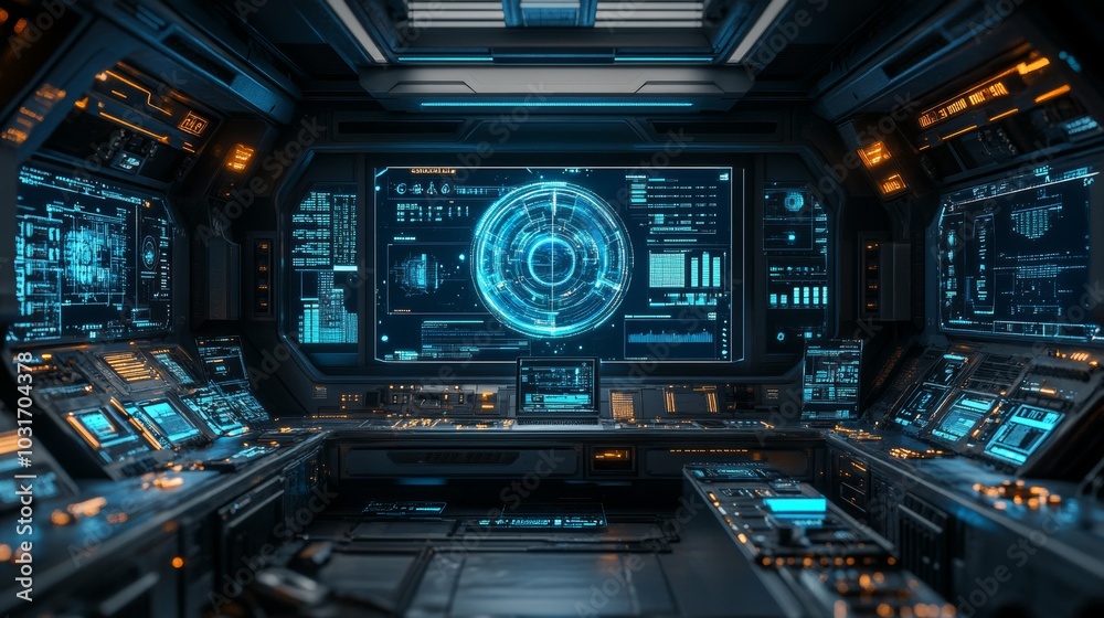 Obraz premium Futuristic Spaceship Interior with Control Panel and Monitors
