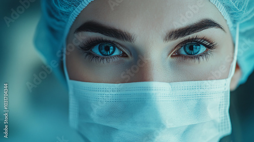 Close-up of female surgeon with blue eyes wearing a medical face mask in the operating room.