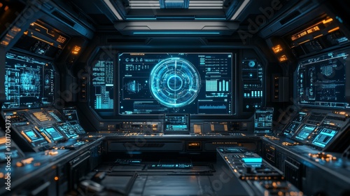 Futuristic Spaceship Interior with Control Panel and Monitors