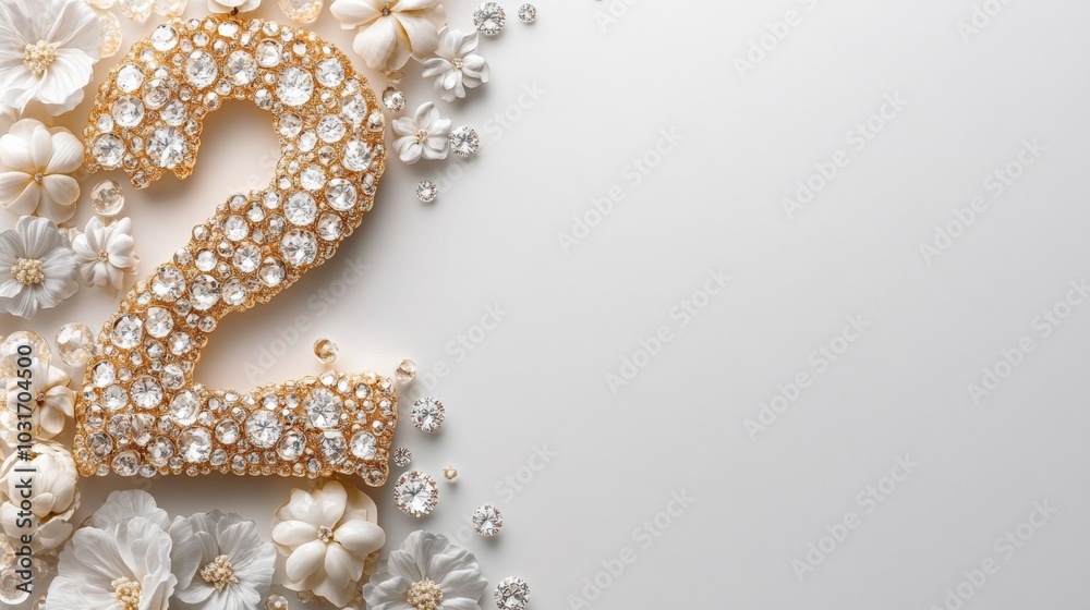 Diamond Number Two with Flowers on White Background Elegant Anniversary Design Diamond Number Two with Flowers on White Background Elegant Anniversary Design