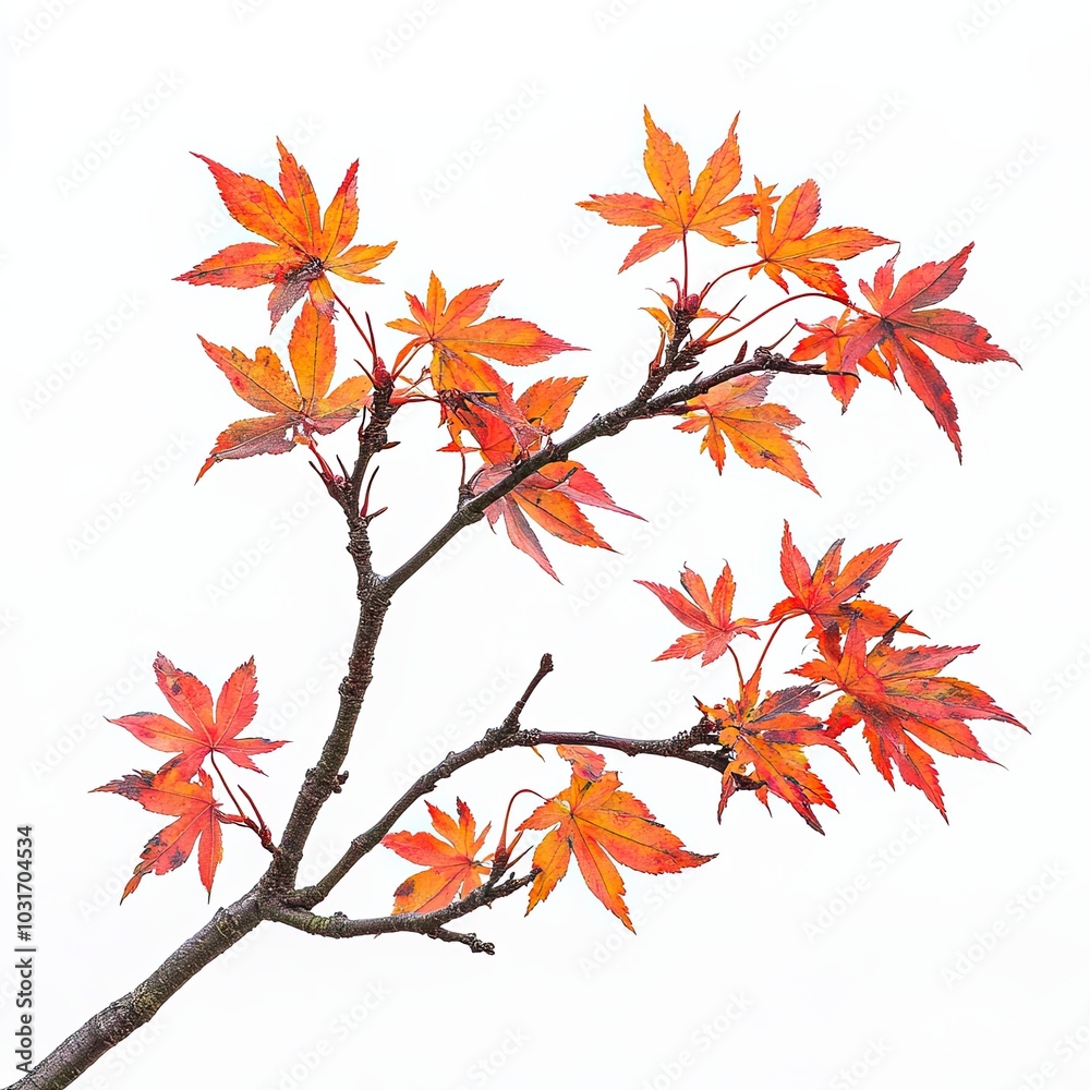 Branch of vibrant red autumn leaves, Close-up of a branch with vivid red and orange autumn leaves against a white background, symbolizing the beauty of fall.
Branch of vibrant red autumn leaves, Close-up of a branch with vivid red and orange autumn leaves against a white background, symbolizing the beauty of fall.