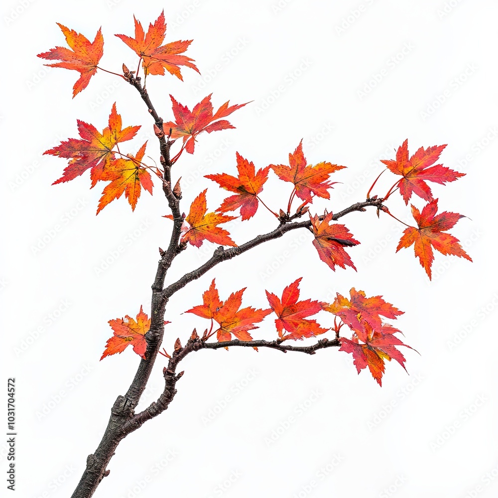 Branch of vibrant red autumn leaves, Close-up of a branch with vivid red and orange autumn leaves against a white background, symbolizing the beauty of fall.
Branch of vibrant red autumn leaves, Close-up of a branch with vivid red and orange autumn leaves against a white background, symbolizing the beauty of fall.