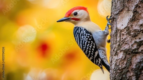 A colorful woodpecker perched on a tree trunk against a blurred autumn background.